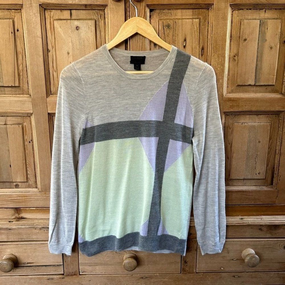 J. Crew Medium Italian Cashmere Sweater Colorblock Geometric SOFT Mint Purple